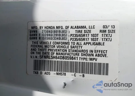 2013 Honda Odyssey Ex-L z USA, uszkodzony, nr VIN 5FNRL5H64DB059841